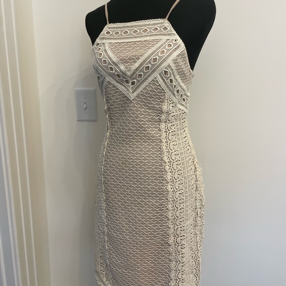 Greylin Off White Crochet Lace Nude Lined Cocktail Boho Mini Dress - Picture 10 of 10